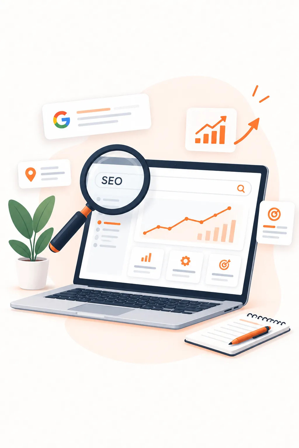 SEO workflow illustration showing website search optimization, search visibility, and performance growth