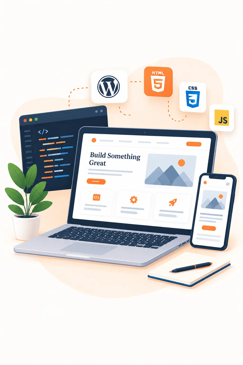 Web development workflow illustration showing website design, coding, and responsive development